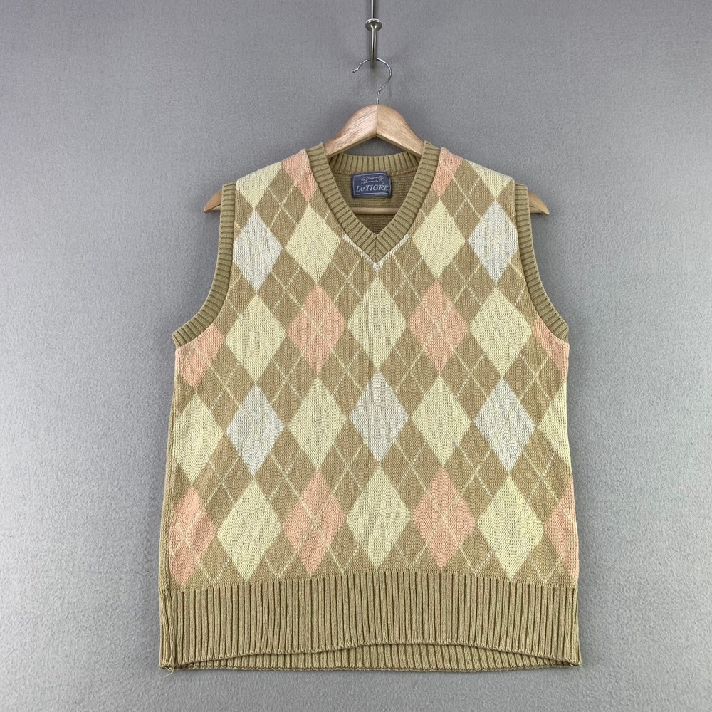 Vintage Le Tigre Sweater Vest Womens Medium Tan Argyle Academia 90s Made in USA